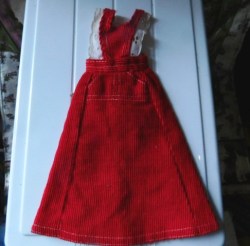 3486 1972 MATTEL BARBIE DOLL RED CORD O-BOY JUMPER, WHITE EYELET TRIM